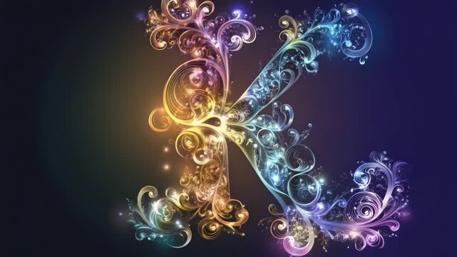 A glowing, ornate letter K shimmers with vibrant, flowing colors. Intricate floral patterns sparkle, creating a magical and elegant design.