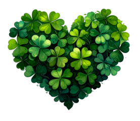 Vibrant green clover leaves forming a heart shape on white Transparent background