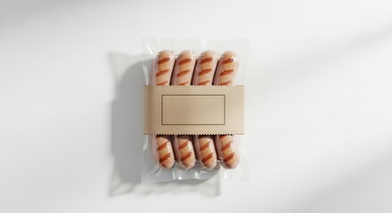 Grilled sausages in clear packaging with kraft paper label on white background