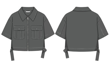 Aesthetic utility workwear inspired short sleeve jacket design with flap pockets and modern details.