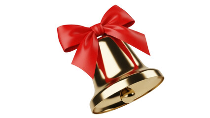Golden Christmas bell with red bow isolated PNG, festive holiday decoration for seasonal greetings...
