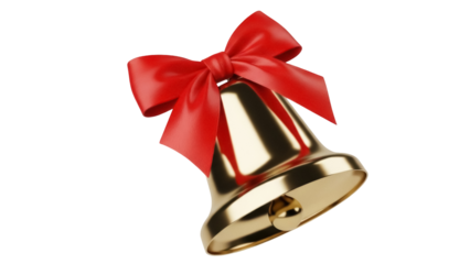 Golden Christmas bell with red bow isolated PNG, festive holiday decoration for seasonal greetings and celebrations on transparent background