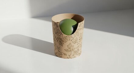 Green object inside a brown paper container against a white surface