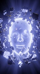 Illuminated human head surrounded by abstract geometric shapes