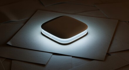 Illuminated square object on paper surface with soft lighting