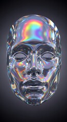 Iridescent glass face portrait against dark background conceptual artwork