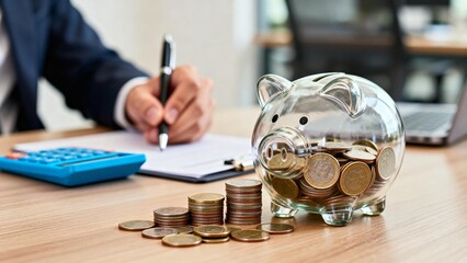 Businessman writing with piggy bank and coins