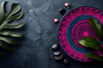 Abstraktes Mandala Stillleben mit tropischen Bl&auml;ttern und dunklem Hintergrund

