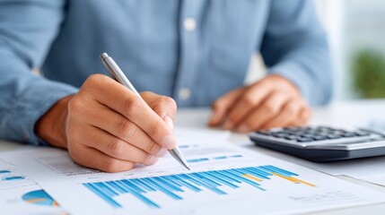 Business professional analyzing financial reports with graphs and charts, using a pen to highlight data, calculator nearby, demonstrating analytical skills and attention to detail