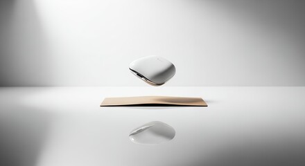 Levitating wireless computer mouse over a reflective surface with copy space