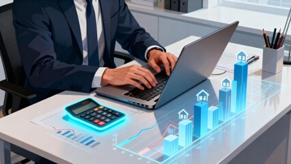 Businessman working on laptop with financial charts