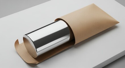 Metallic cylinder emerging from paper envelope on white surface