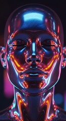 Metallic figure with closed eyes and reflective surface in neon light