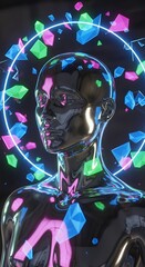 Metallic figure with geometric halo and crystals against dark background