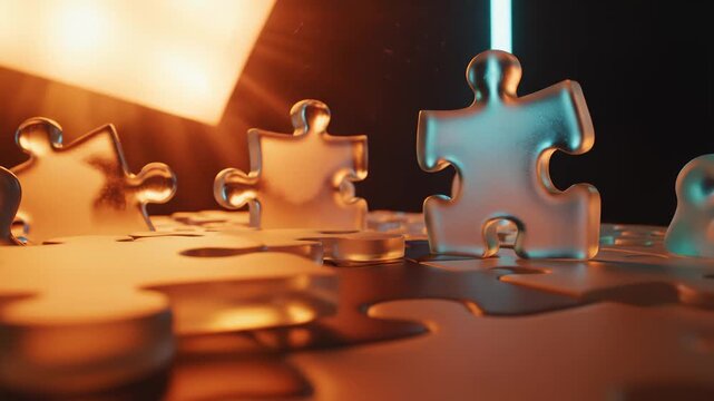 Close Up of Transparent Jigsaw Puzzle Pieces Standing on Top of Puzzle Board