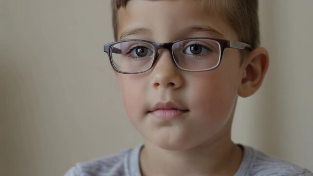 Child wearing eyeglasses with calm rested expression after visual focus on soft neutral background