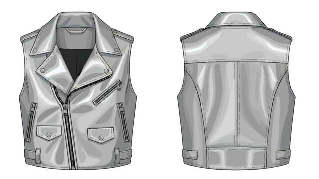 Sleek monochrome motorcycle vest design front and back technical drawing illustration for fashion apparel creation with detailed pockets and full