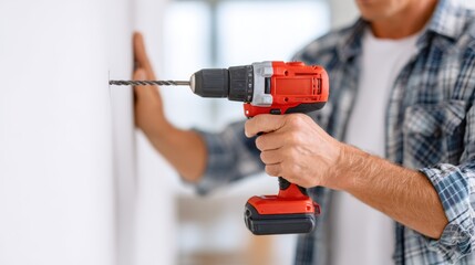 Skilled male contractor using a power drill to create a hole in a wall, showcasing home improvement techniques and tools in a bright interior environment