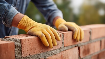 Skilled construction worker wearing yellow gloves is laying bricks with precision, showcasing craftsmanship and dedication in a building project with blurred greenery in the background