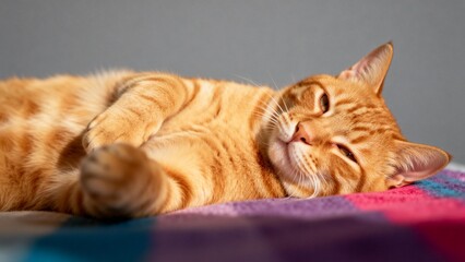 Orange tabby cat resting on colorful blanket