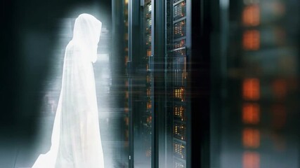 A mysterious, ethereal figure cloaked in white stands before a row of shimmering server racks, creating an eerie atmosphere where technology meets the supernatural in a digital landscape. - Powered by Adobe