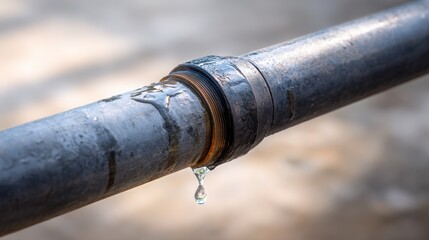 Close-up of a metal pipe with a visible leak, showcasing water dripping from a joint, highlighting the importance of plumbing maintenance and repair in industrial settings