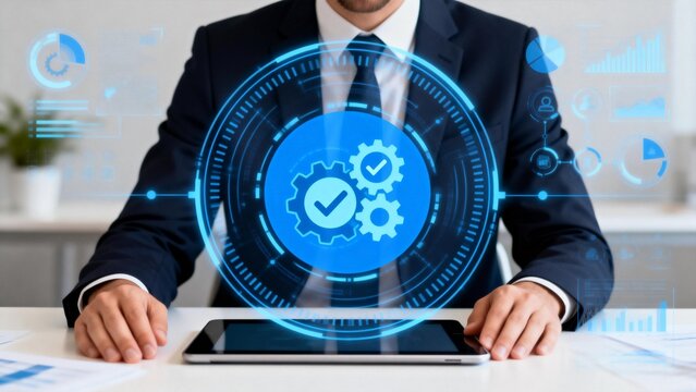 Businessman with digital tech interface - Powered by Adobe