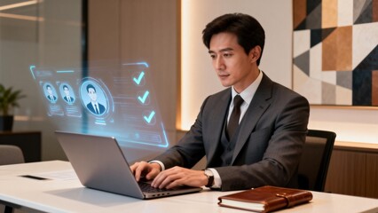 Businessman working on laptop with digital interface
