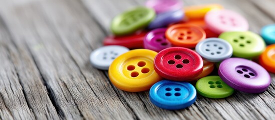 Colorful buttons of various sizes and shapes are scattered on a rustic wooden surface, showcasing vibrant hues and textures for creative sewing and crafting projects
