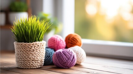 Decorative potted grass in woven basket beside colorful yarn balls on wooden table near window, creating a cozy and inviting atmosphere for crafting and relaxation