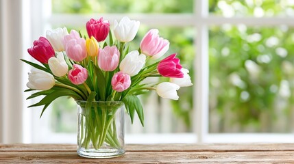 Colorful bouquet of tulips in a clear glass vase on a wooden table, with soft natural light filtering through a window, creating a fresh and vibrant atmosphere