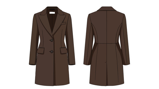 Brown women's elegant long-sleeved outerwear garment with lapel collar and button closure depicted in a detailed technical flat sketch illustration