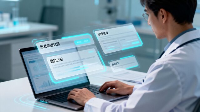 Doctor using laptop with digital health data - Powered by Adobe