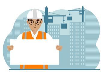 Engineer near houses under construction and construction cranes. Builder holds a large white sheet for text.