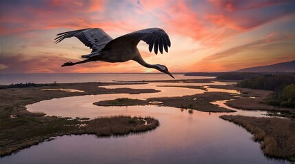 Crane in Flight at Sunset, Wetland Sky