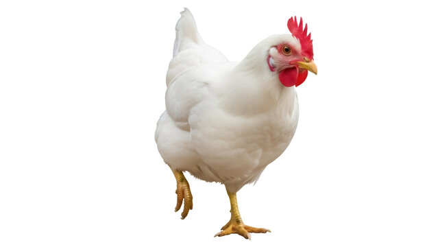 White hen PNG isolated on transparent background, domestic fowl with red comb and wattle for poultry farming and food production