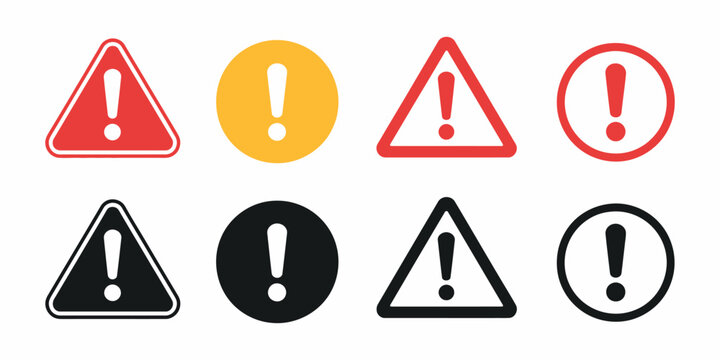 Warning Symbol and caution sign icon array featuring triangular exclamation mark designs
