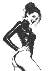 woman in tight latex outfit posing seductively with glamorous expression and curves sketch engraving generative ai fictional character vector illustration. Scratch board imitation. Black and white.