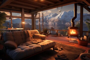Naklejka premium Cozy cabin living room with burning stove, offering a relaxing view of the mountain lake at sunset