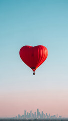 Fototapeta premium Red heart-shaped hot air balloon floating over urban skyline at sunset - Concept of Modern Love Stories with Subtle Valentine’s Day Symbols in Urban Life 