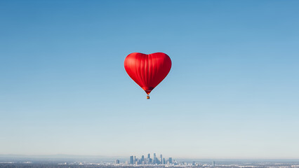 Fototapeta premium Red heart-shaped hot air balloon floating above city skyline 