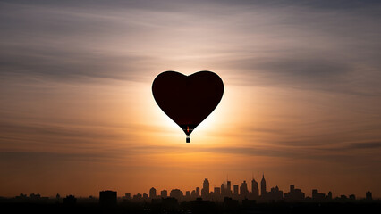 Fototapeta premium Hot air balloon shaped like heart flying above city skyline at sunset 