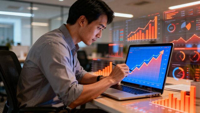 Man analyzing data on laptop in office - Powered by Adobe