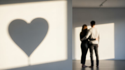 Fototapeta premium Couple embracing with a heart shadow on wall in urban setting, concept of Modern Love Stories with Subtle Valentine’s Day Symbols in Urban Life 