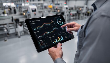 Medium shot of a technician interacting with a tablet showing an IoT line monitoring dashboard highlighting detailed realtime visualization of manufacturing speeds and reject