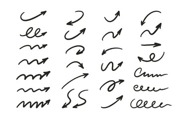 Arrows black set. Crayon, charcoal, pastel, chalk hand drawn elements. Doodle style strokes. Sketch pencil grunge textured waves, direction pointers, and curved lines. Vector illustration