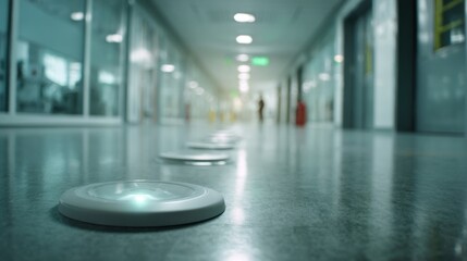 Medium shot capturing corridor floor sensors with a blurred background demonstrating innovative technology for realtime fall detection alerts.