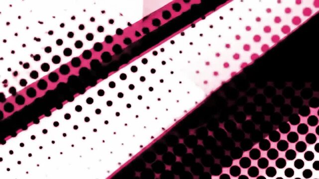 Abstract background with halftone dots and diagonal stripes in pink and black.