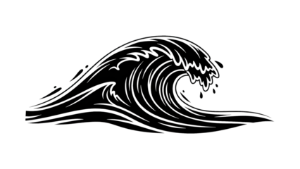 A dramatic ocean wave forms a silhouette against a at sunset