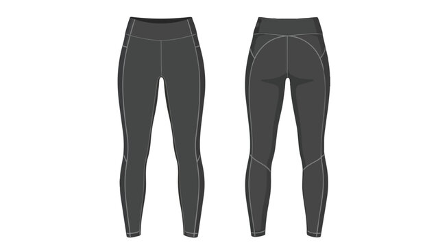 Technical flat illustration of women's dark gray athletic leggings with detailed seams and side pockets